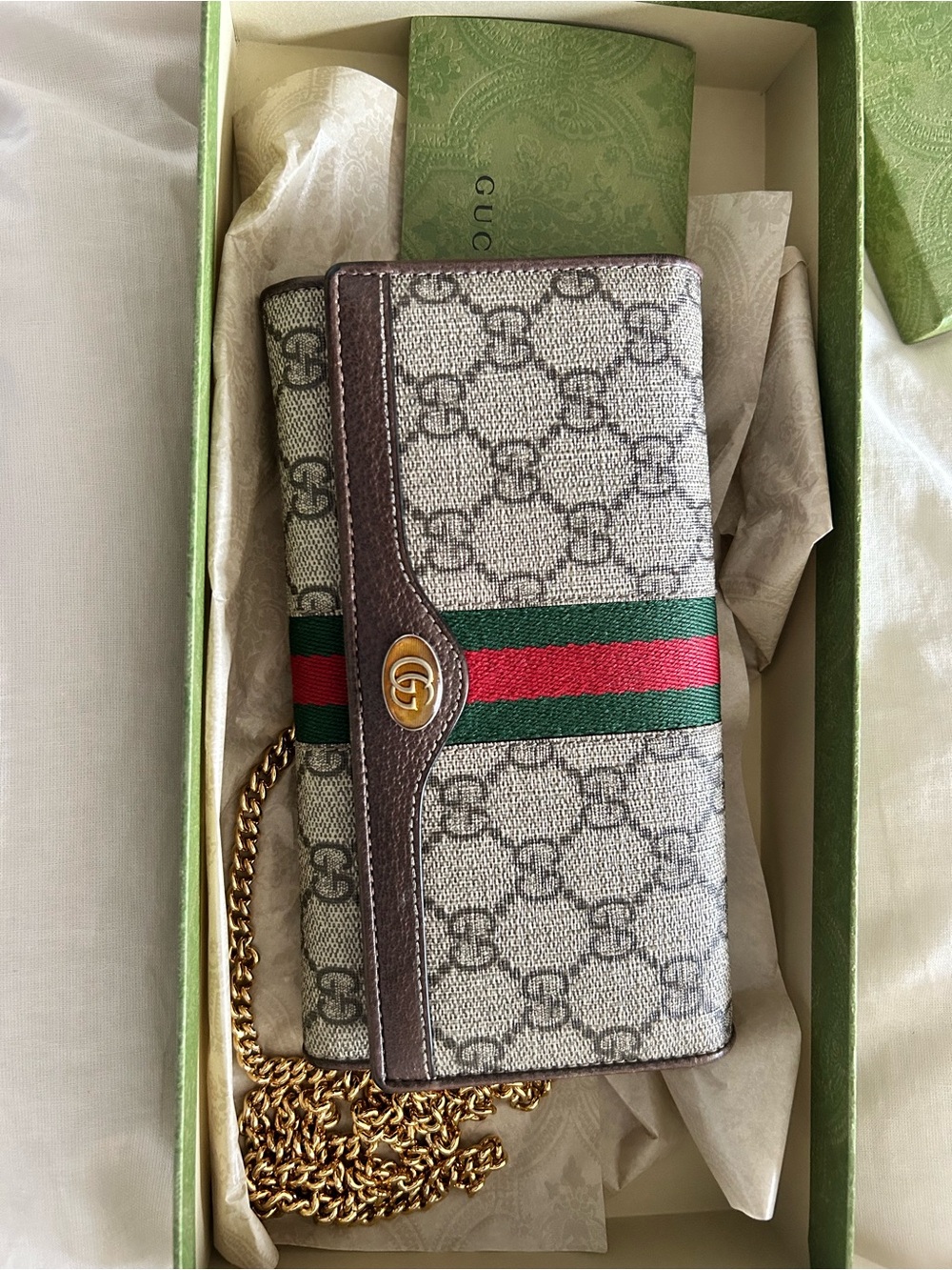 Gucci Beige GG Canvas Wallet with Green & Red Web and Gold Chain